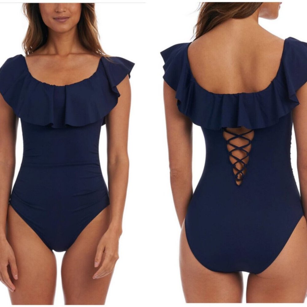 NWT! La Blanca Indigo Ruffle Off Shoulder One Piece Swimsuit NEW!